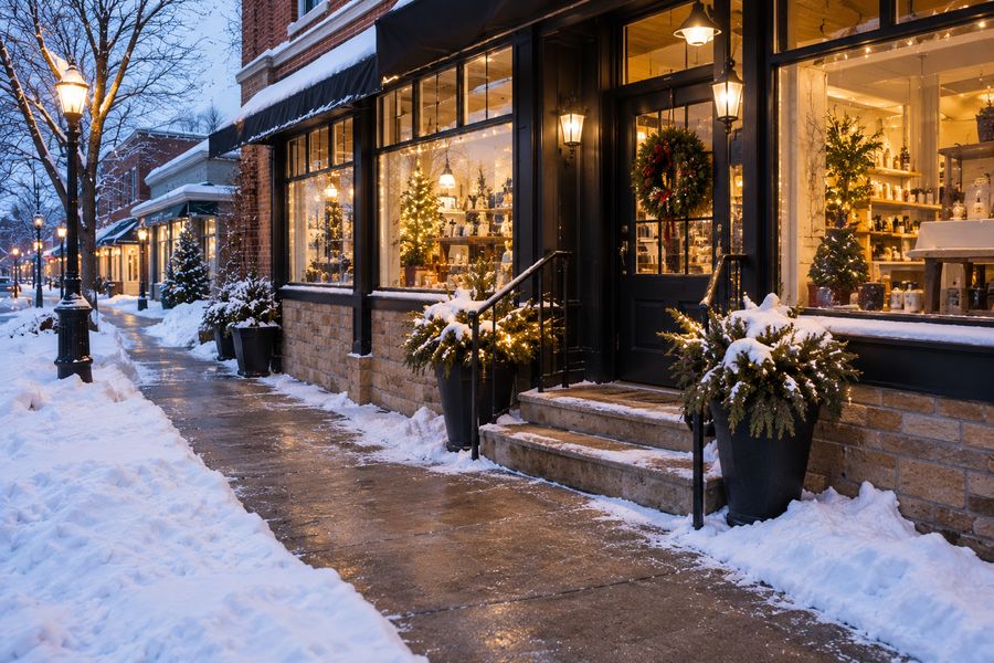 Cleared sidewalk and entrance of a small business storefront on a snowy evening