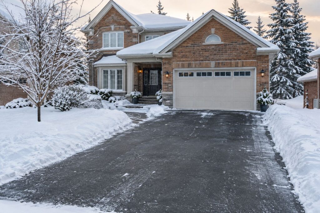 Snow-cleared driveway and entrance of a brick home at dusk after snow removal
