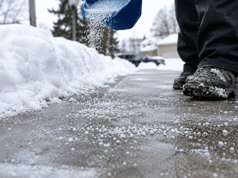 Rock salt being spread on an icy walkway for ice control